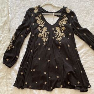 Free People Black Dress with Cream Floral Embroidery